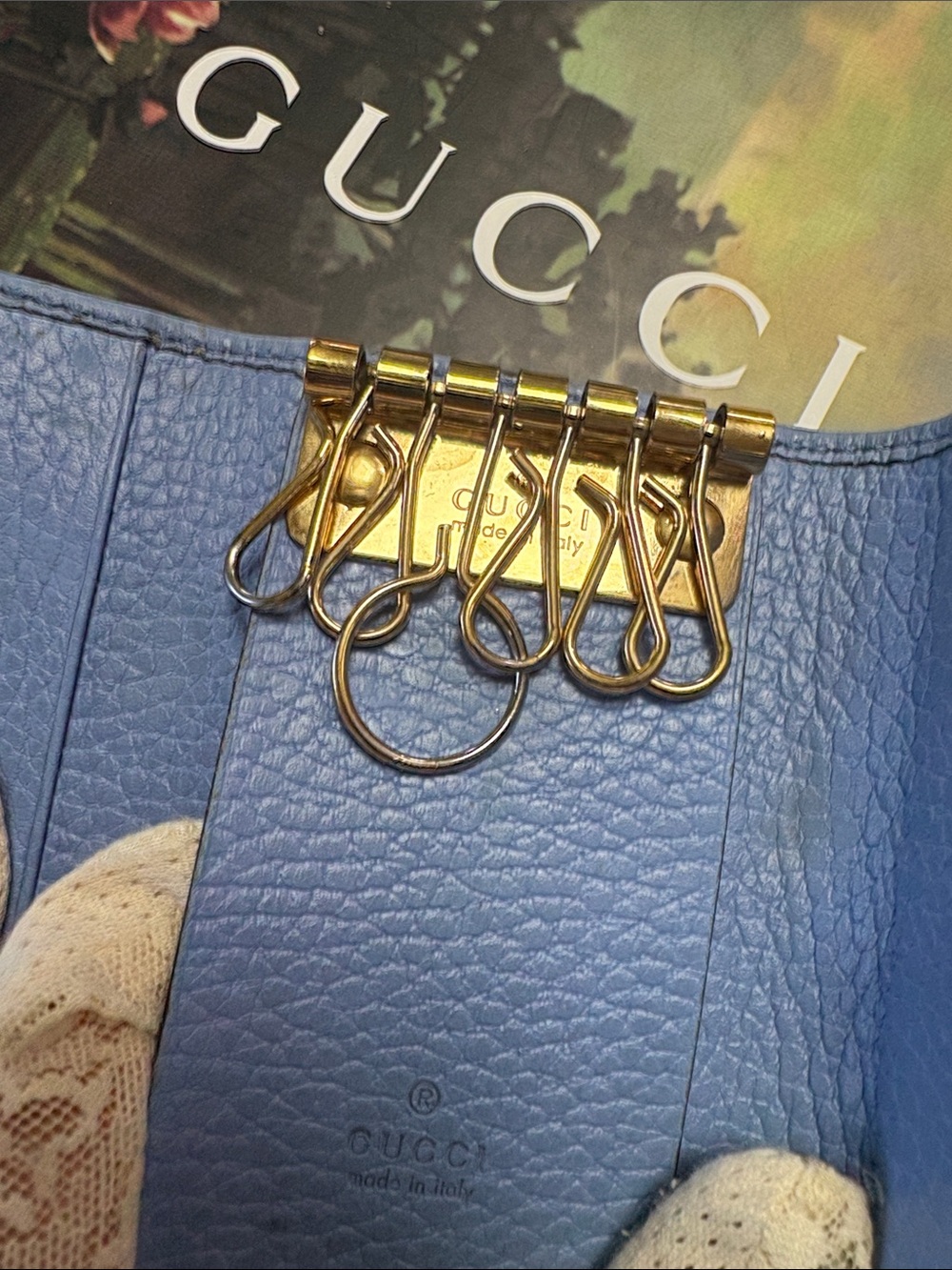 Gucci💙SkyBlue Pebbled Leather Key-holder Wallet W/Double G Gold -GUC - Picture 5 of 12